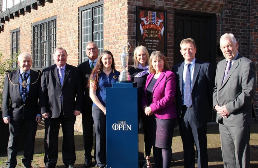 Pictured, l-r Cllr Jeff Franklin, Mayor of Sandwich; Cllr Nigel Collor, Dover District Council; Tim Checketts, Secretary for Royal St George's Golf Club; Sally Wilson, The R&A; Hannah Lynch, Dover District Council; Cllr Sue Chandler, Kent County Council; Craig Mackinlay, MP for South Thanet; Tim Ingleton, Dover District Council. (Picture courtesy of Dover District Council.)